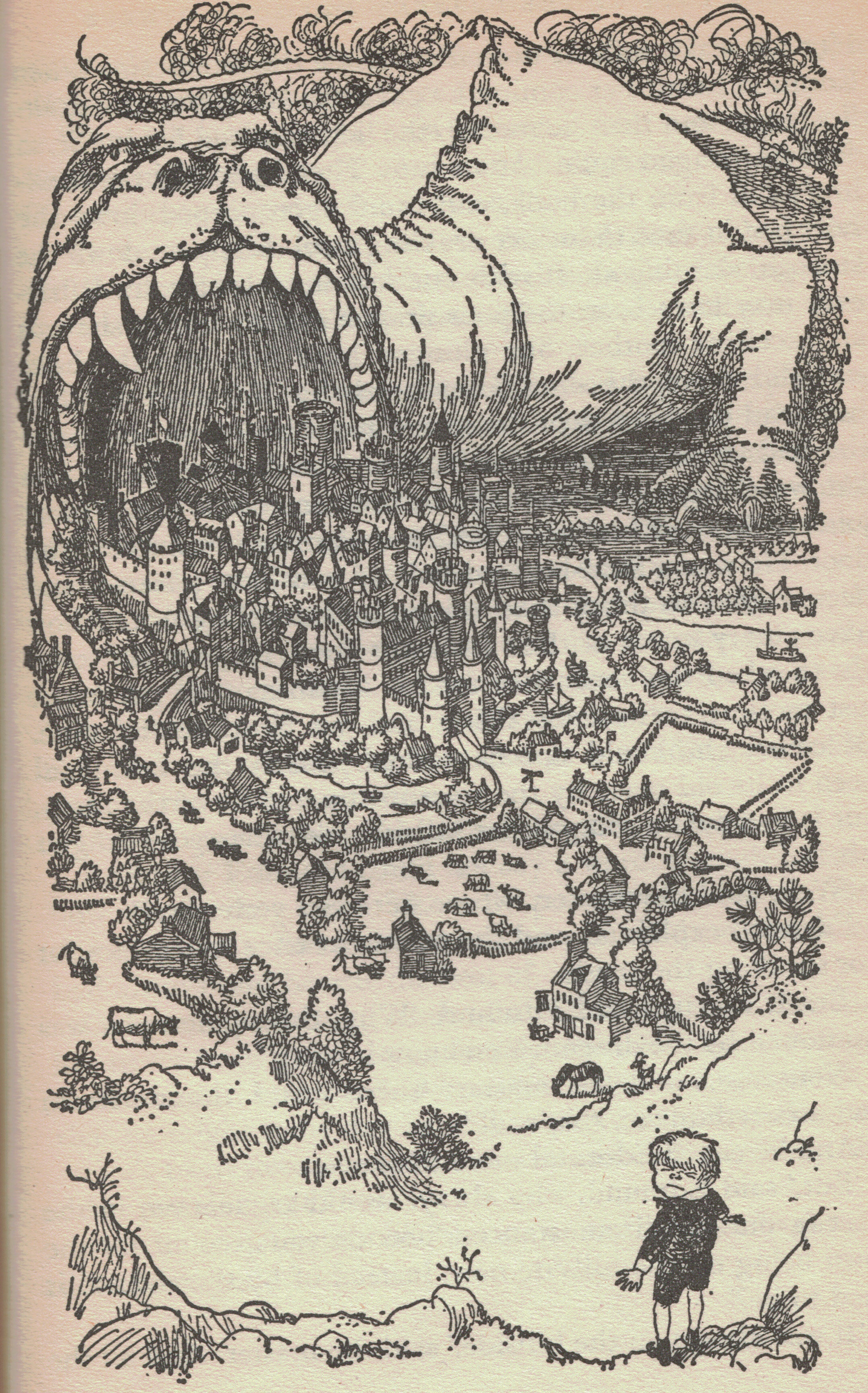Erik Blegvad illustration of a dragon about to swallow a town